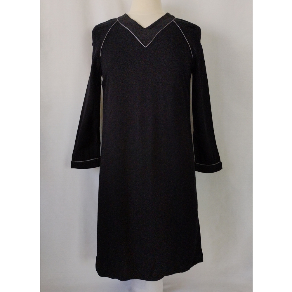 Women's Small Camaïeu Black Midi Sheath Dress Modest Sparkly V-Neck Silver Trim